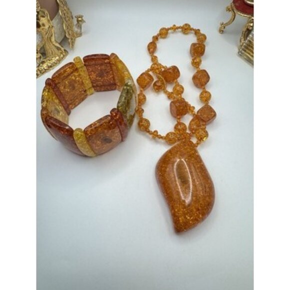 Chunky Ambar Lucite Necklace & Bracelet Large Glitter Set ArtDeco Styel 3 Tones - Picture 11 of 11